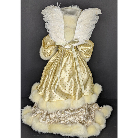Angel Tree Topper 17" Gold Ivory Porcelain Face & Hands Feather Wings Fur Robe - Picture 5 of 9